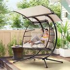 Double Outdoor Swing Loveseat With Stand, Awning And Cushions - Beige