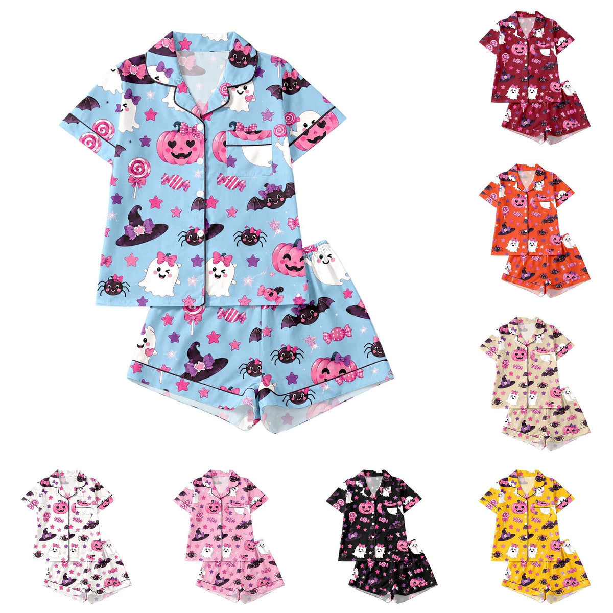 CUZIBR Girls Halloween Pajamas Sets Soft Comfortable Ghost Pumpkin Lapel Button Short Sleeve Shirt Elastic Waist Shorts 2 Pieces Sleep Loungewear Relaxed Sleepwear Outfits, Orange-C