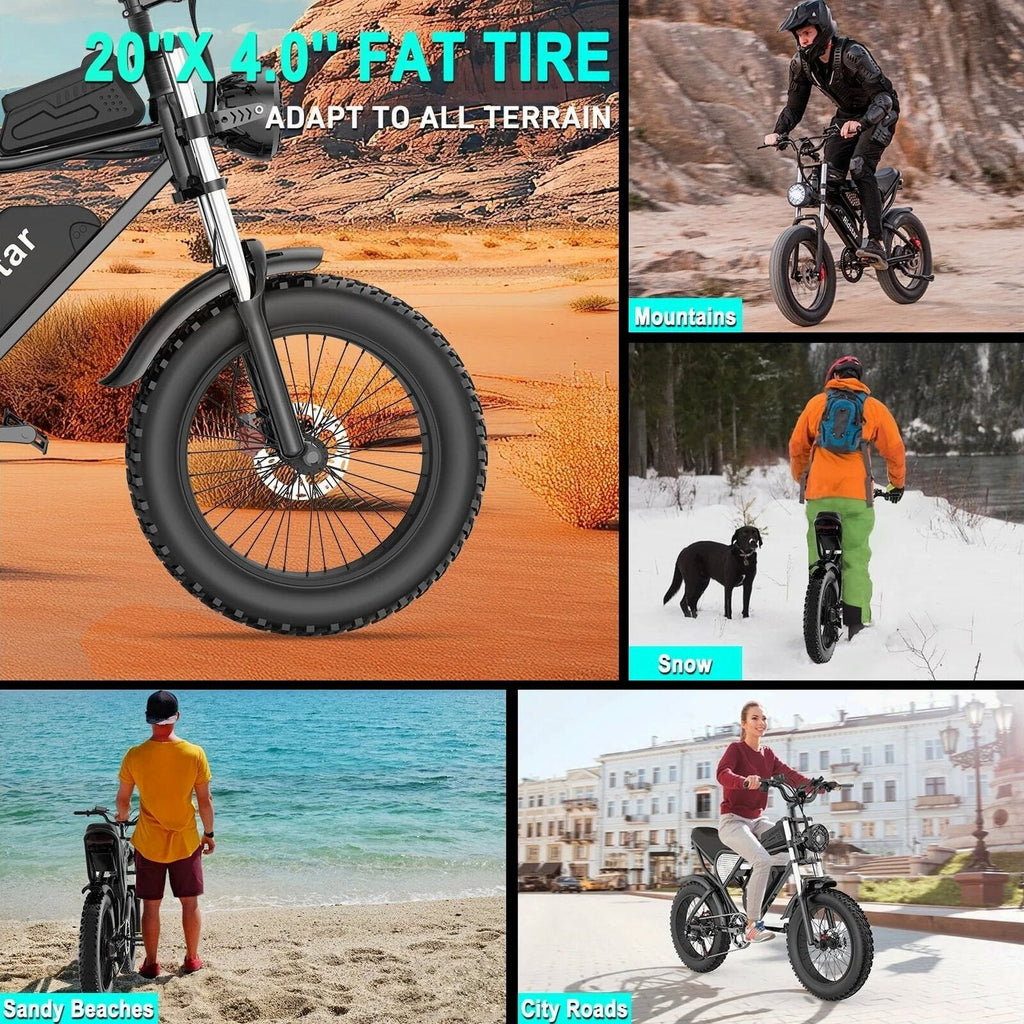 Ridstar Electric Mountain Bike 1200W 48V 15.6Ah 20in Fat Tire Black - Q20
