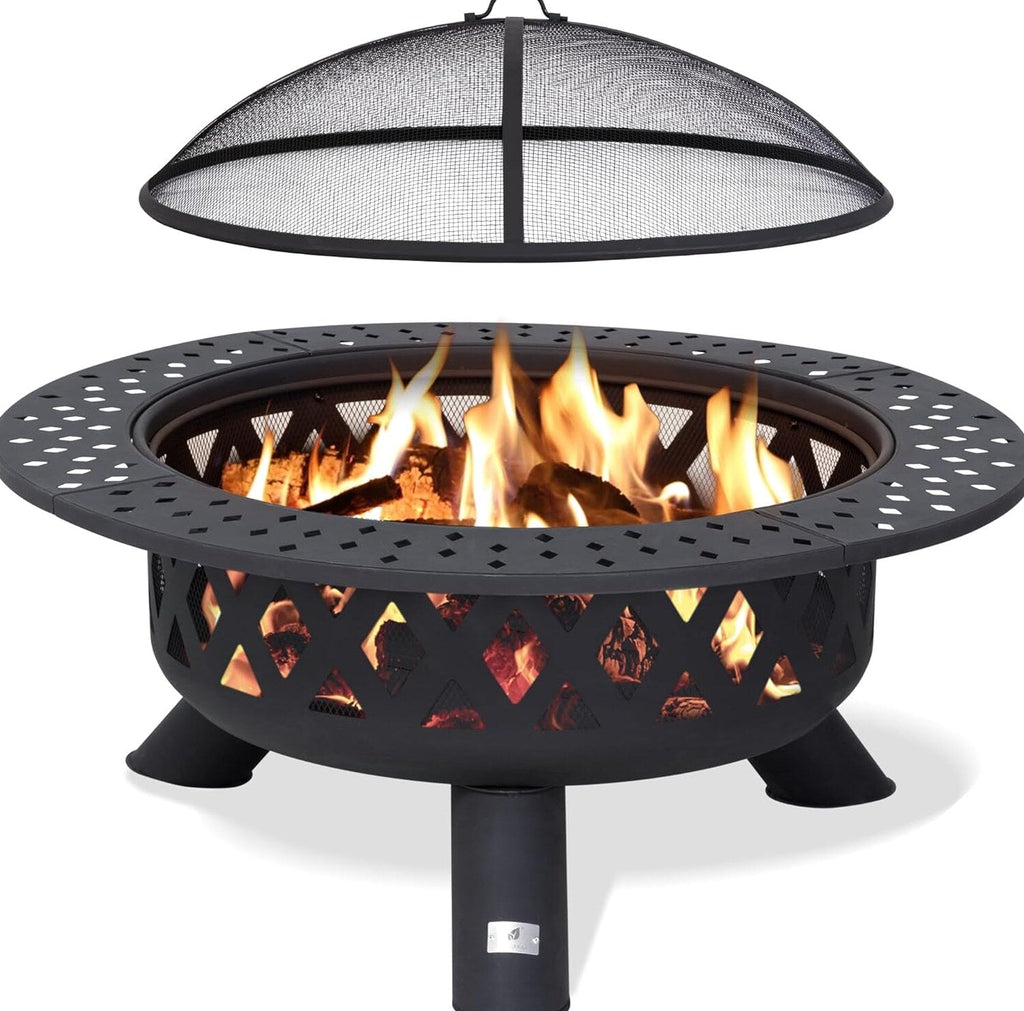 SUNCREAT 42 Inch Star Pattern Wood Burning Patio Fire Pit With Mesh Spark Screen And Poker, Black