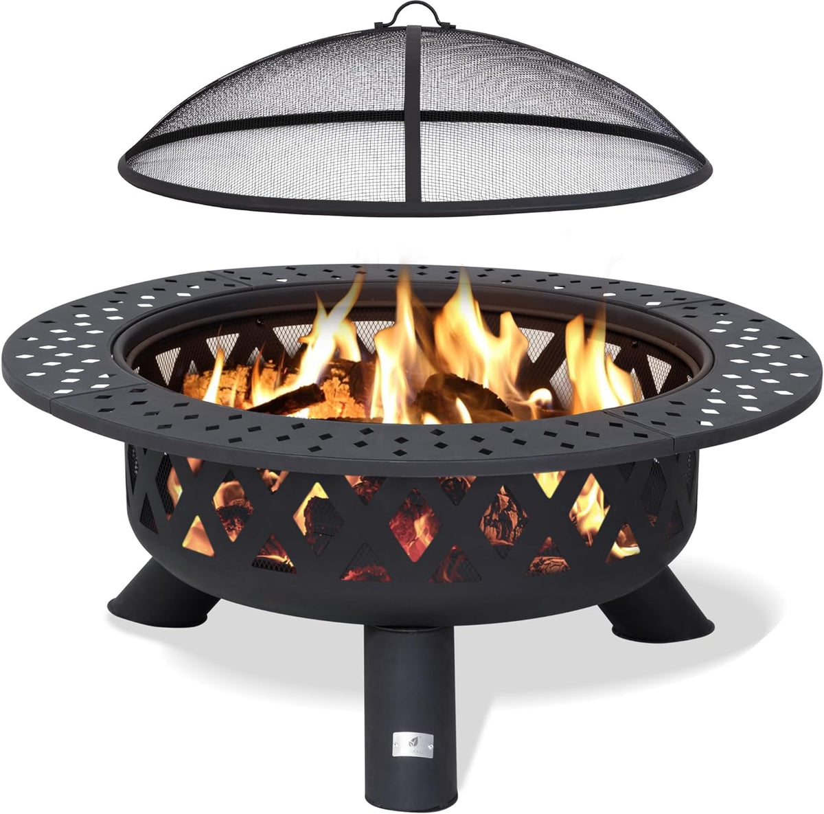 SUNCREAT 42 Inch Star Pattern Wood Burning Patio Fire Pit With Mesh Spark Screen And Poker, Black
