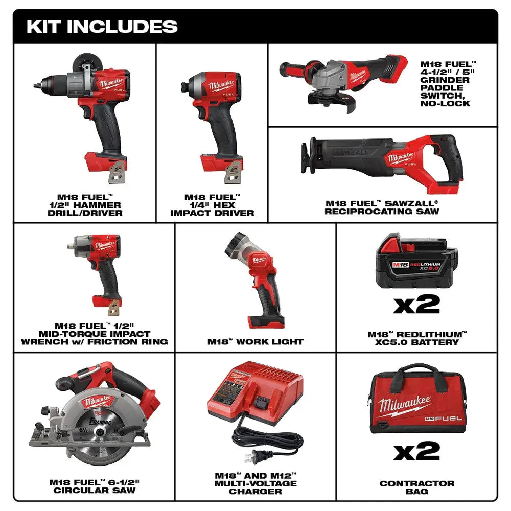 Milwaukee M18 Fuel 18V Lithium-Ion Brushless Cordless 7-Tool Combo Kit 5.0 Ah - 2998-27