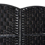 6 Ft Tall Four-Panel Wicker Weave Room Divider, Black Wood Privacy Screen