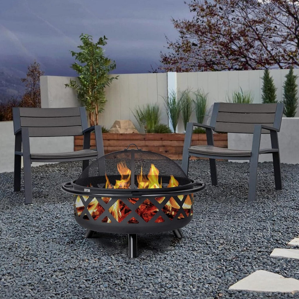 SUNCREAT 42 Inch Star Pattern Wood Burning Patio Fire Pit With Mesh Spark Screen And Poker, Black