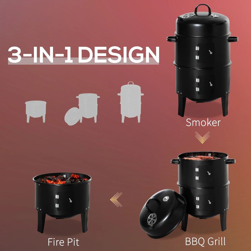 Outsunny 3-in-1 16in Round Charcoal BBQ Smoker Grill With 2 Cooking Areas And Thermometer - Black