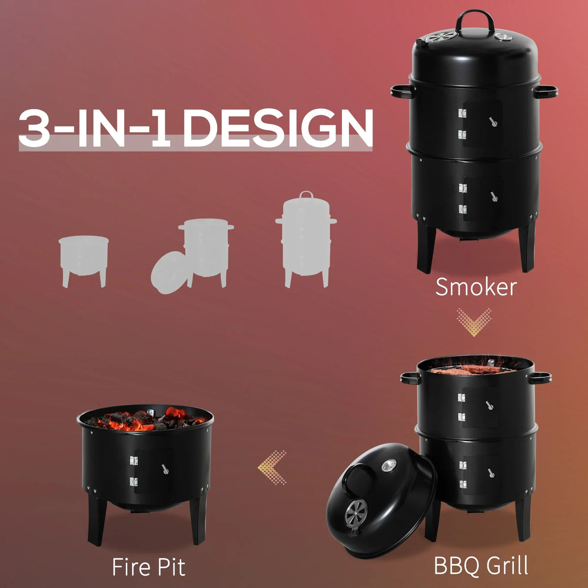 Outsunny 3-in-1 16in Round Charcoal BBQ Smoker Grill With 2 Cooking Areas And Thermometer - Black