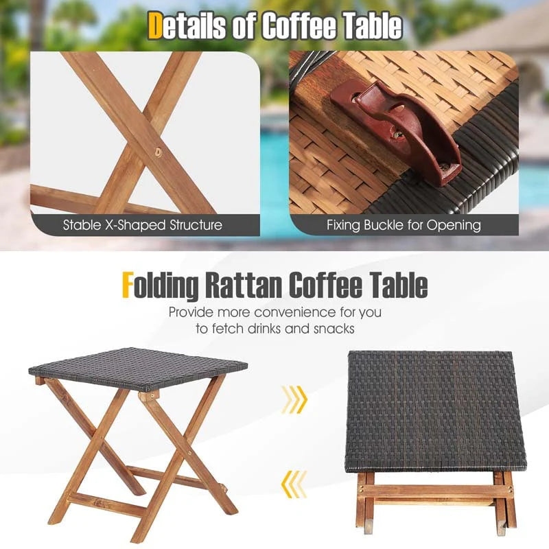 Acacia Wood Rattan Patio Chaise Lounge Chair Set With Folding Side Table