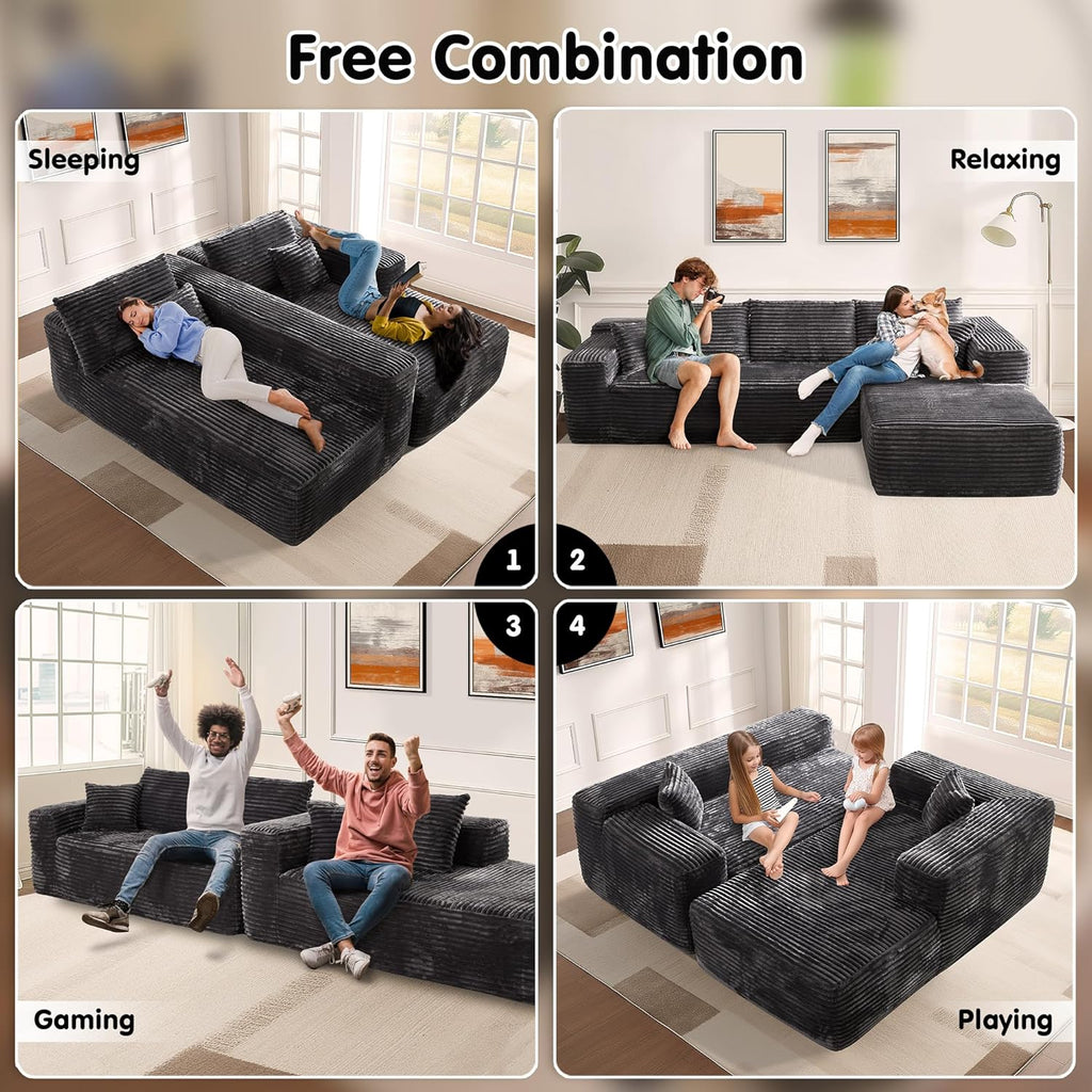 ovios 104in L-Shape Sectional Sofa With Chaise, Grey Plush Corduroy Fabric