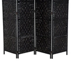 6 Ft Tall Four-Panel Wicker Weave Room Divider, Black Wood Privacy Screen