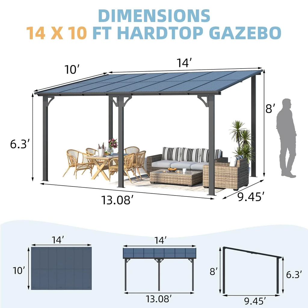 AECOJOY 14' x 10' Patio Gazebo With Roof, Dark - 168in x 120in x 98.4in