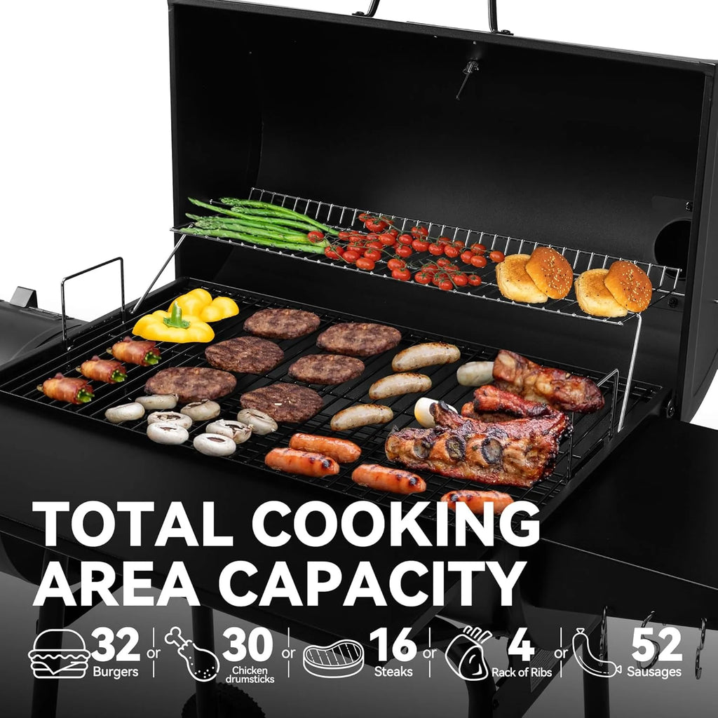Charcoal Grill And Offset Smoker, 30in L, 800 Square Inch, Black