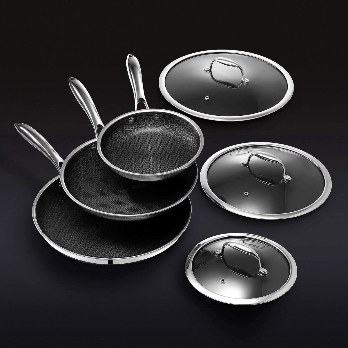 HexClad 6 Piece Hybrid Stainless Steel Cookware Pan Set, 8 inch, 10 inch, 12 inch With Glass Lids - Black