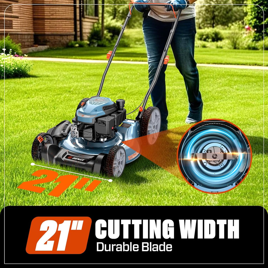 SENIX Gas Lawn Mower 144 cc 21 inch 2-in-1 Push, 4-Cycle Engine, 6-Position Cutting Height