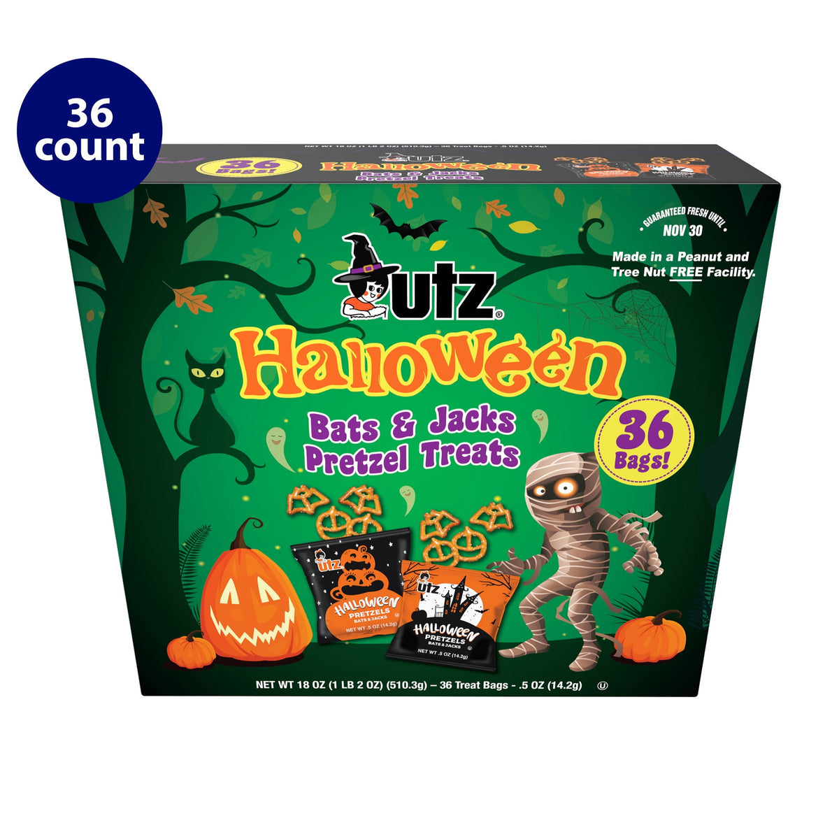 Utz Halloween Bats and Jacks Pretzel Treats, 0.5 oz, 36 Count