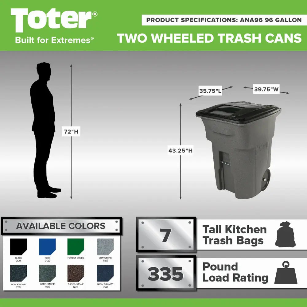 Toter 96 Gallon Trash Can With Smooth Wheels And Lid