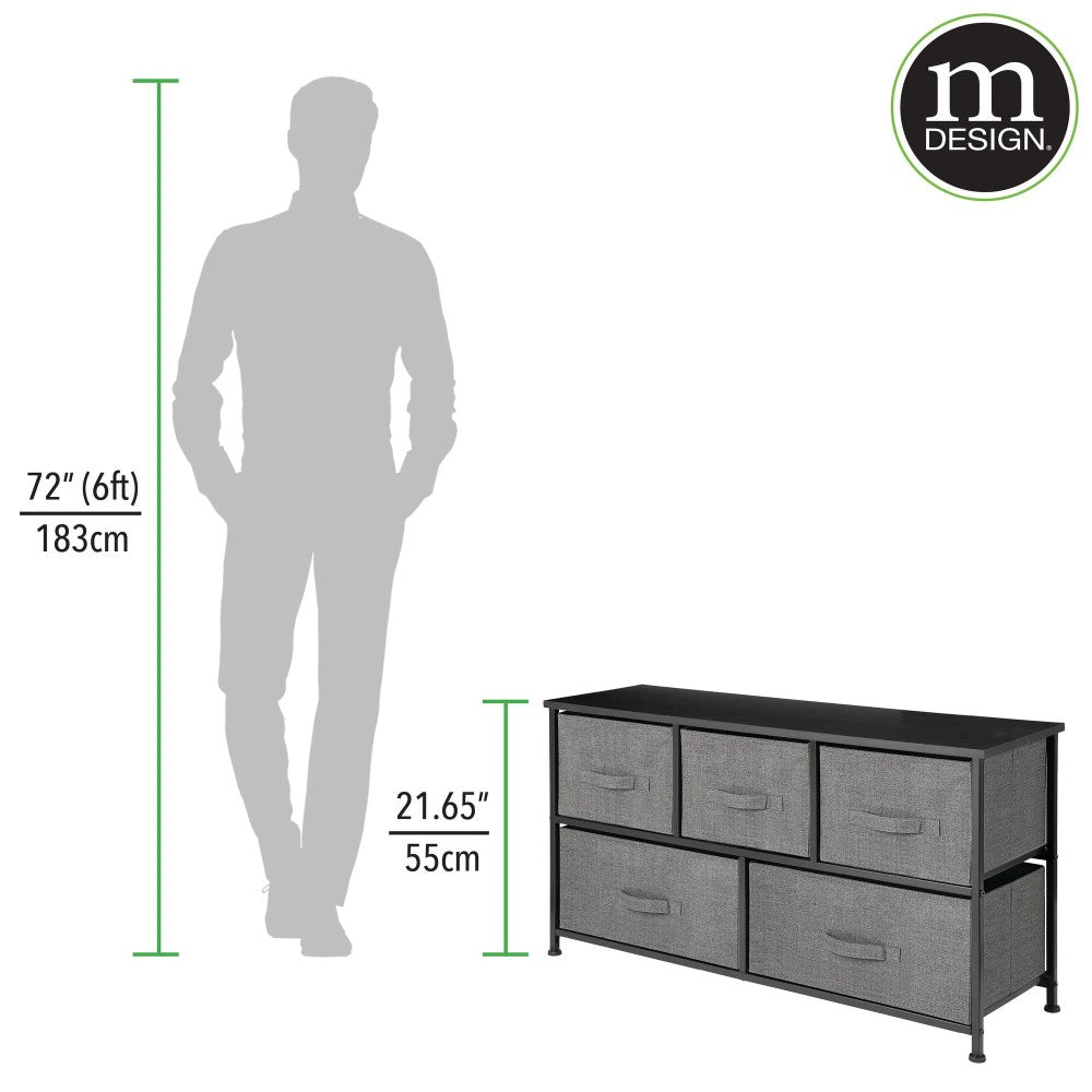 mDesign Wide Storage Dresser With 5 Removable Fabric Drawers - Dark Gray