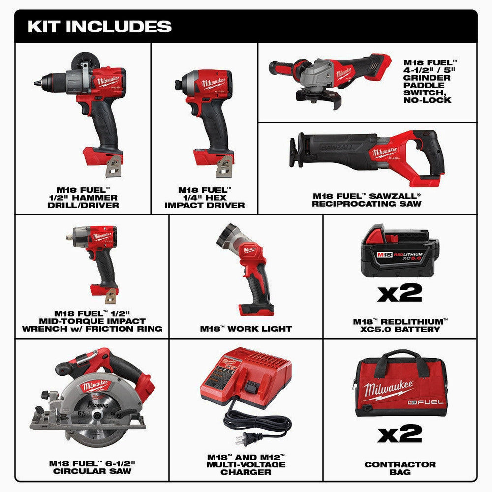 Milwaukee M18 FUEL 18-Volt Lithium-Ion Brushless Cordless 7-Tool Combo Kit 5.0 Ah - 2998-27