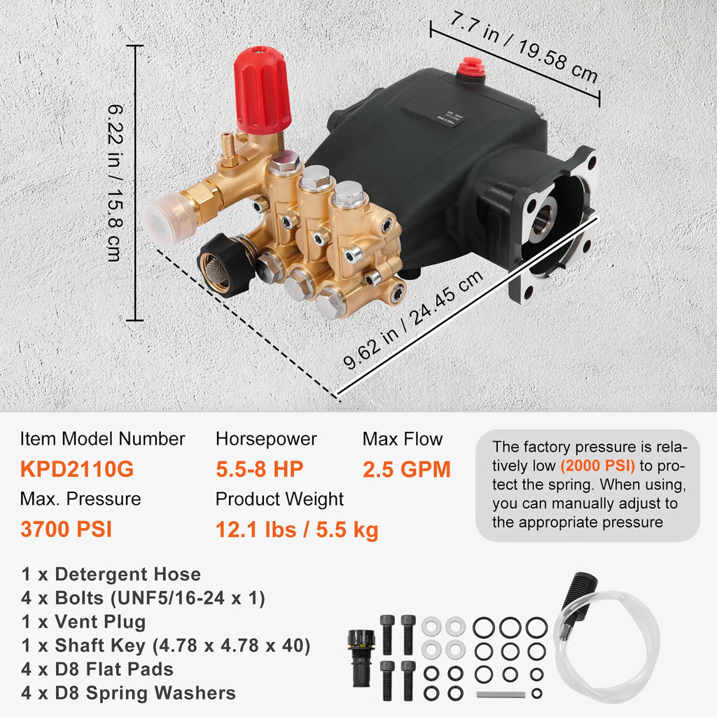 KFFKFF Triplex Pressure Washer Pump, 3/4 in Shaft, 3700 PSI, 2.5 GPM - KPD2110G