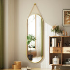 Full Length Wall Mirror, 48 x 16 Inch, Black, Leather Strap