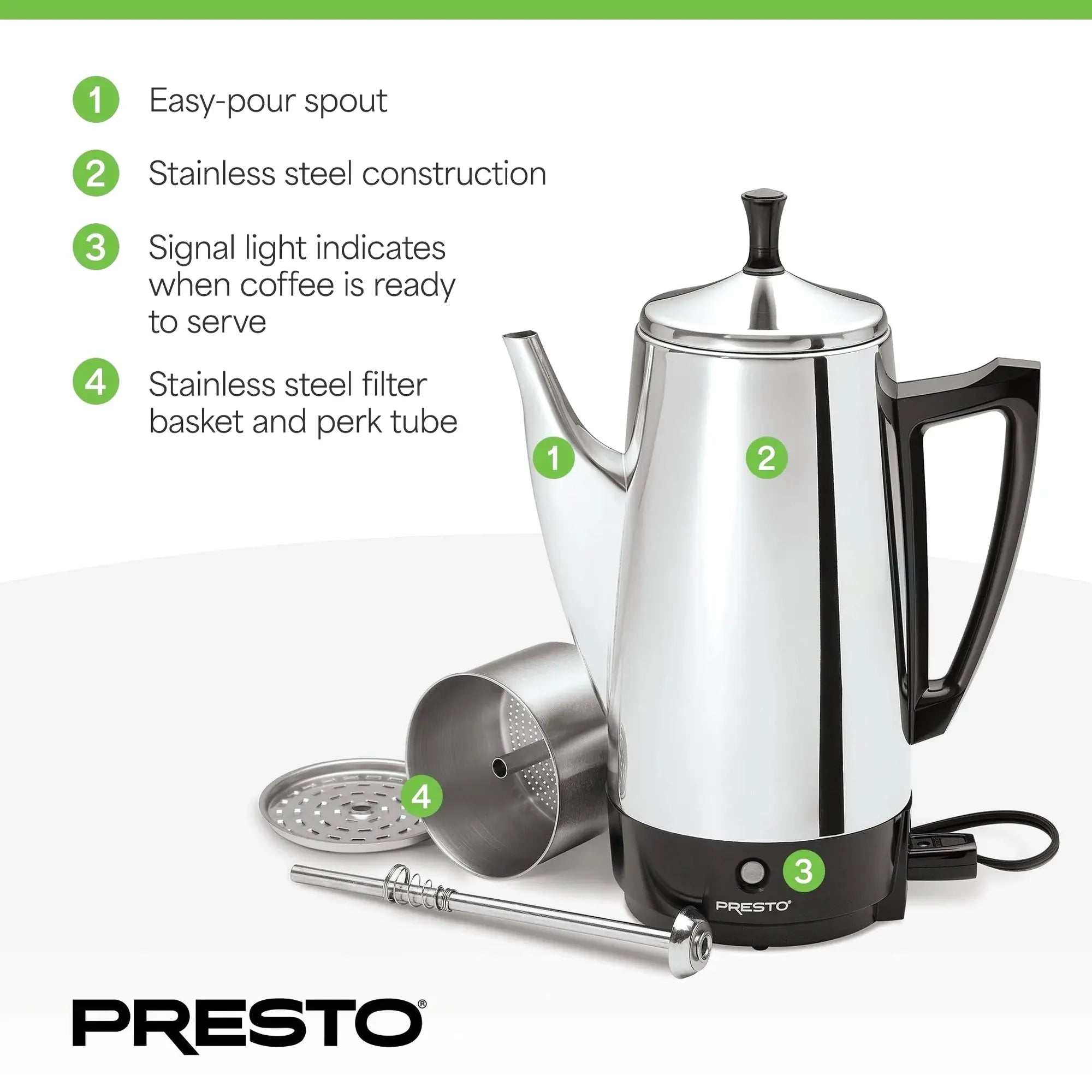 Presto Stainless Steel Percolator Coffee Maker, 12 Cup, Silver