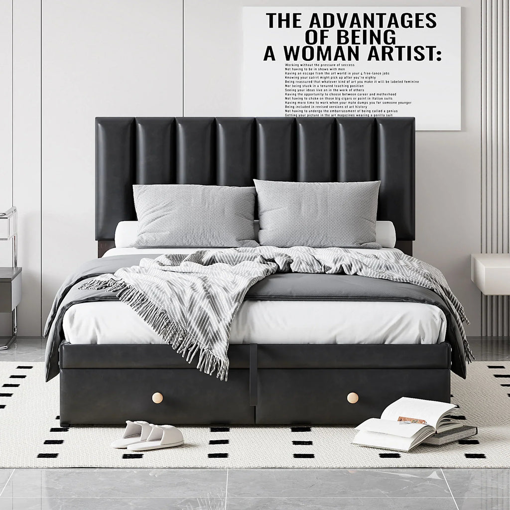 Roomfitters Full Size Upholstered Platform Bed With Hydraulic Storage System, 2 Drawers, Black - 78in L x 60.6in W x 37.8in H