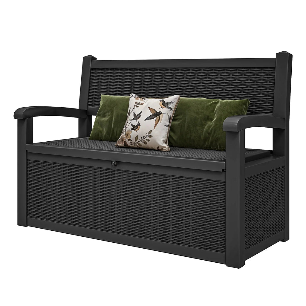 ModFusion 70-Gallon Outdoor Resin Storage Bench With Rattan Backrest, Black - C