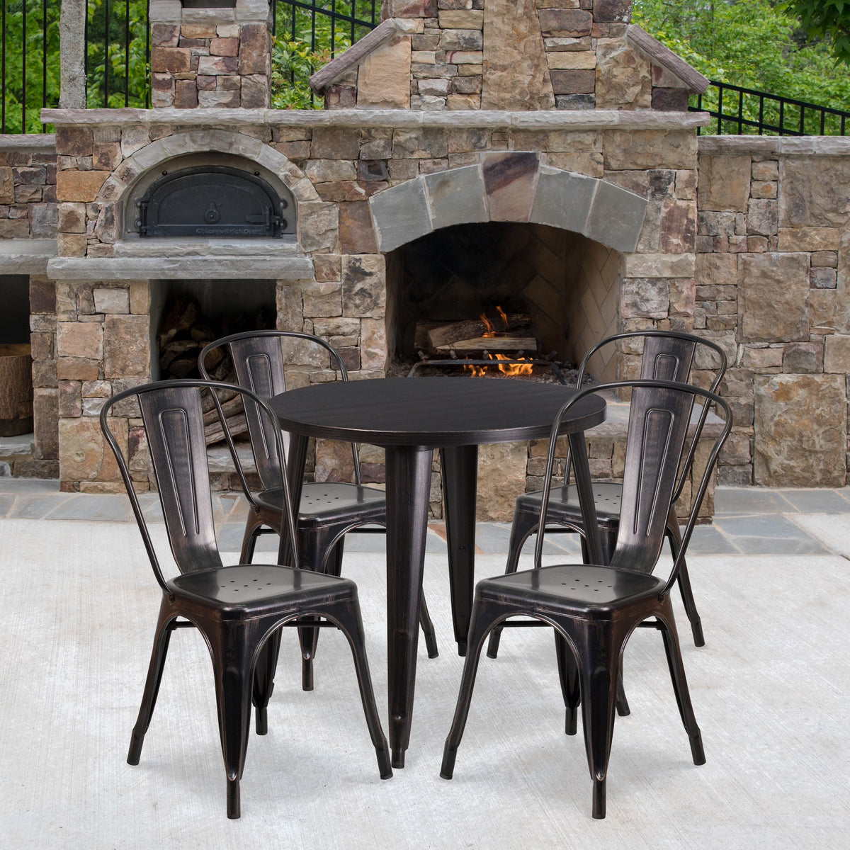 Emma + Oliver 30 in Round White Metal Indoor-Outdoor Table Set With 4 Cafe Chairs