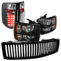 Spec-D Tuning Crystal Black Headlights, LED Tail Lamps And Black Grille For 2007-2013 Chevy Silverado 1500 Pickup