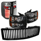 Spec-D Tuning Crystal Black Headlights, LED Tail Lamps And Black Grille For 2007-2013 Chevy Silverado 1500 Pickup