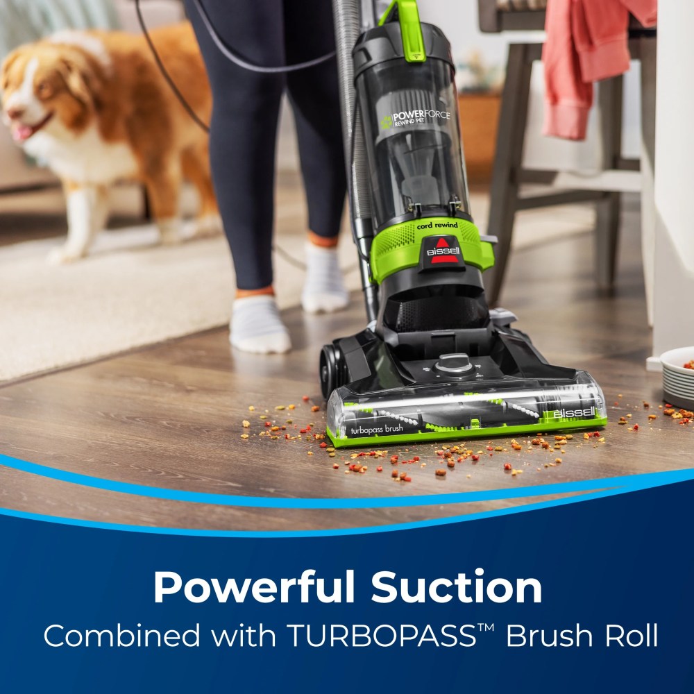 BISSELL PowerForce Helix Turbo Rewind Pet Upright Vacuum, Black & Green - 3333