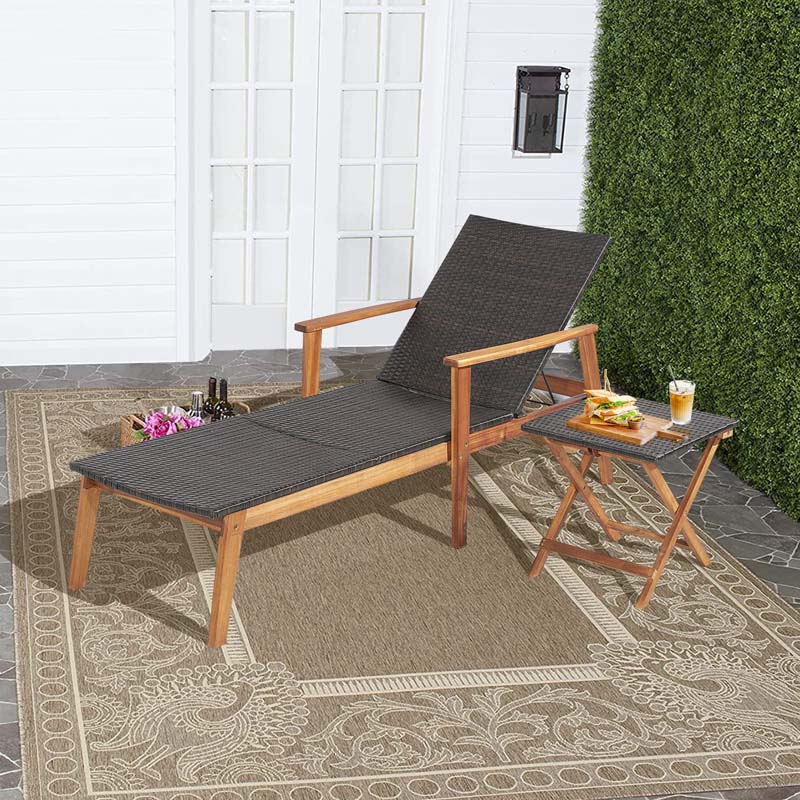 Acacia Wood Rattan Patio Chaise Lounge Chair Set With Folding Side Table