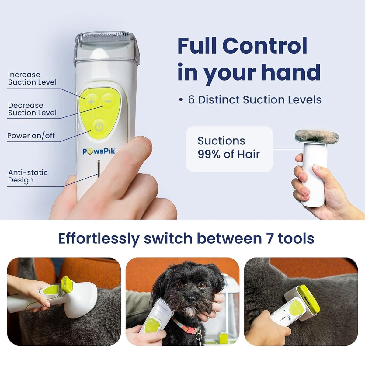 PAWSPIK Pet Grooming Vacuum Kit With 7 Tools, 6 Suction Levels And 2.2L Dust Bin - GroomingPro Rx