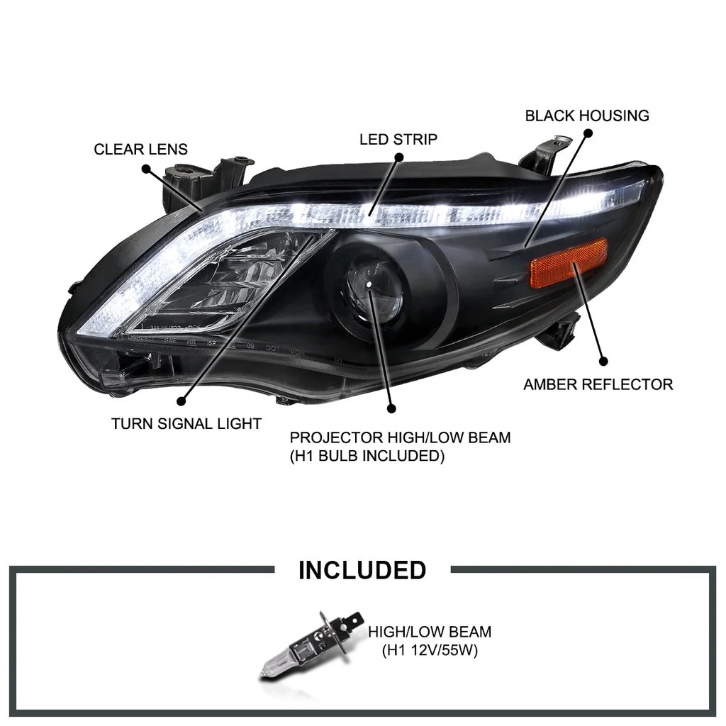 Spec-D Tuning Black Projector Headlights With LED Strip, Left And Right Pair - Toyota Corolla 2011-2013