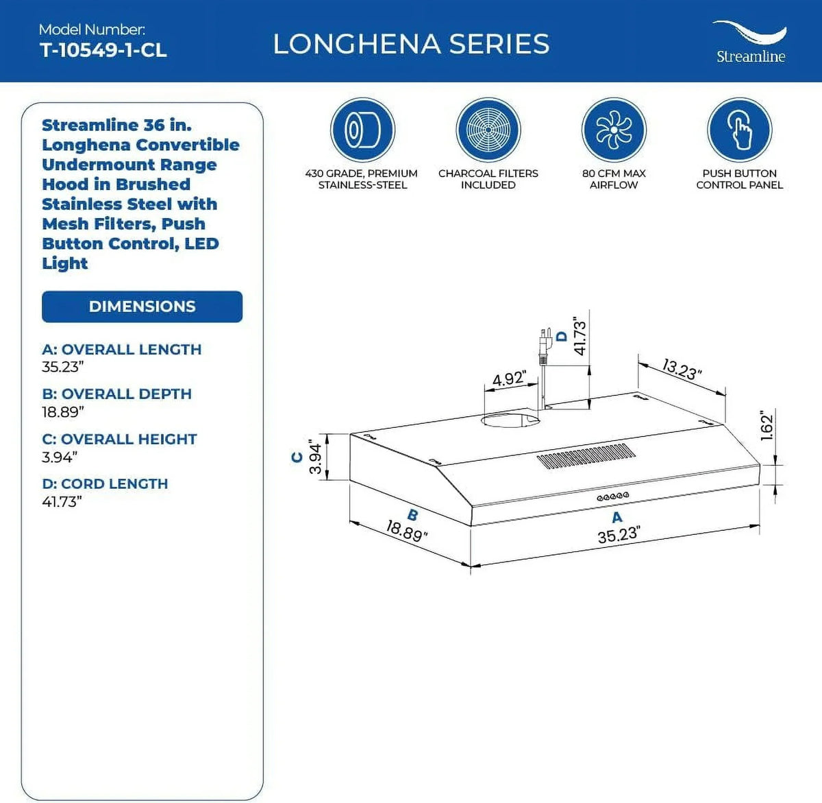 Streamline 36 in Longhena Convertible Undermount Range Hood - Brushed Stainless Steel