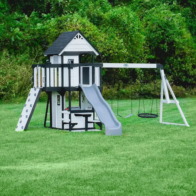 Backyard Discovery Cedar Canyon Creek Swing Set With Clubhouse, Slide, Rock Wall And Multiple Play Zones