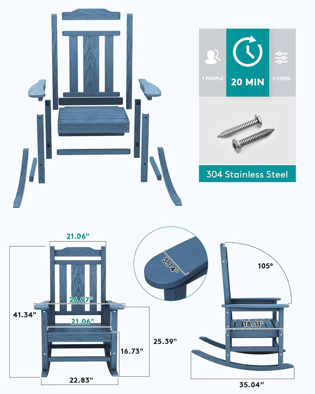 SERWALL Outdoor HDPE Oversized Rocking Chair Set Of 4, Blue, 35in D x 26.9in W x 41.3in H