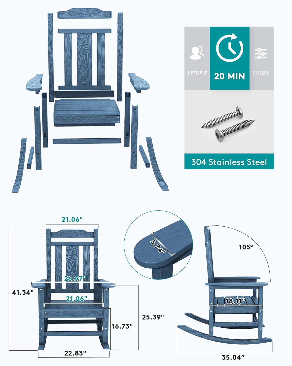 SERWALL Outdoor HDPE Oversized Rocking Chair Set Of 4, Blue, 35in D x 26.9in W x 41.3in H