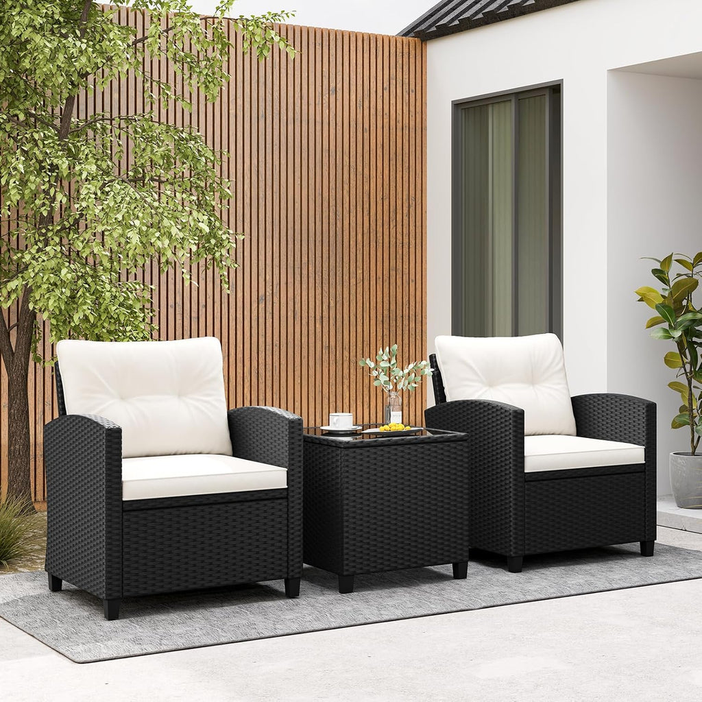 Tangkula 3-Piece Patio Rattan Conversation Set With Cushions And Glass-Topped Coffee Table