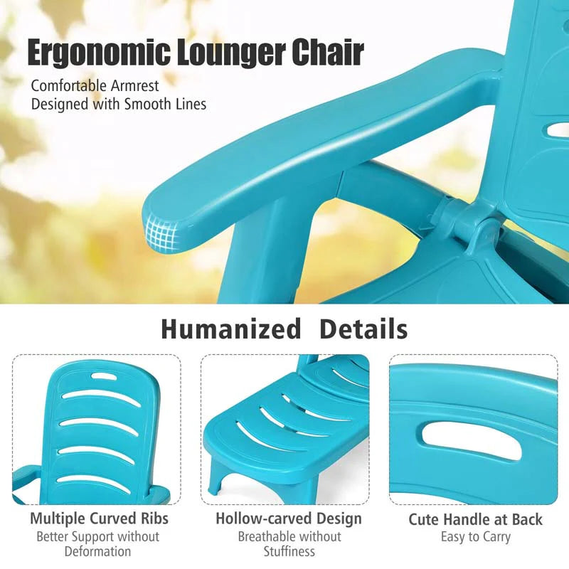 Rolling Folding Plastic Pool Lounge Chair With Armrests, 5 Position - Patio Deck Beach Chair