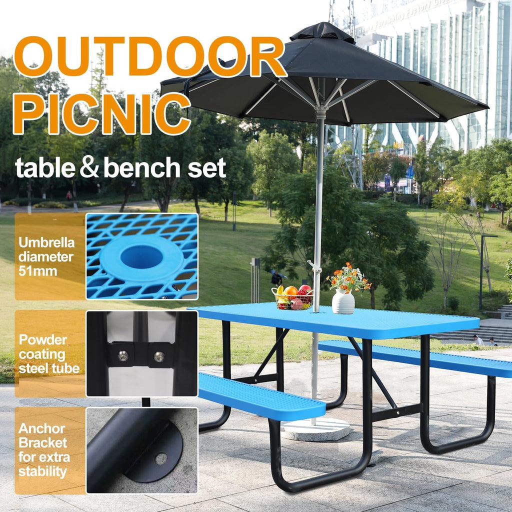 Rectangular Picnic Table, 4ft, Blue, Metal Mesh, Thermoplastic Coated Steel