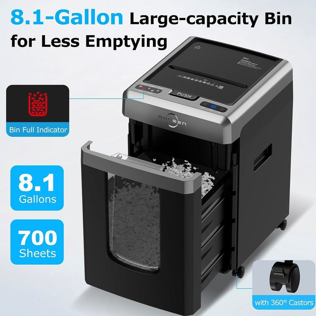 BONSEN Auto Feed Micro-Cut Paper Shredder, 300-Sheet, 60 Min, P-4, 8.1 Gallons, Black