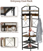 Corner Coat Rack Hall Tree With Shoe Bench, 6 Metal Hooks, Rustic Brown And Black, 17.72in x 17.72in x 72.05in