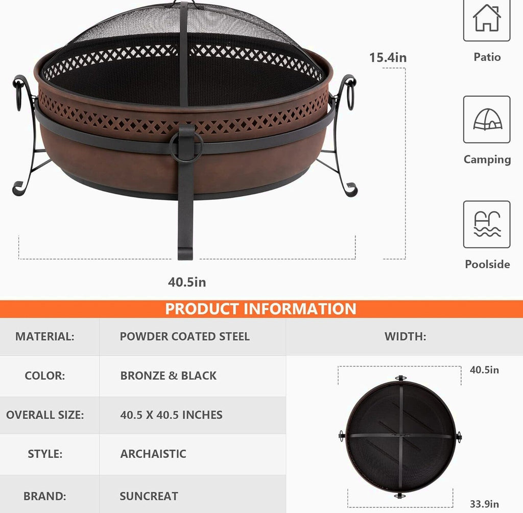 SUNCREAT 42 Inch Star Pattern Wood Burning Patio Fire Pit With Mesh Spark Screen And Poker, Black