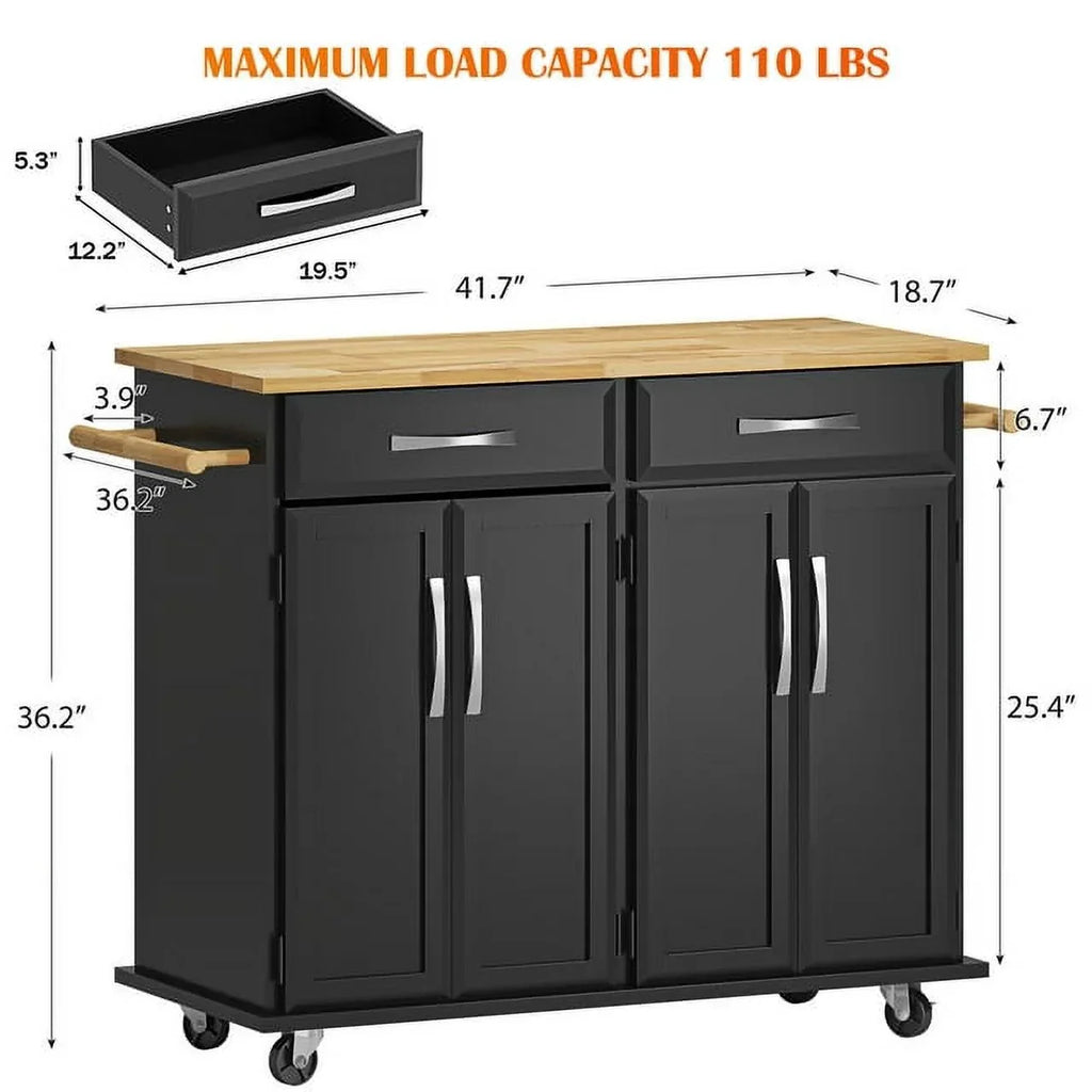 Soges Kitchen Island Rolling Cart With Hidden Cabinet, Adjustable Shelves And Towel Rails, Black - 41.5in