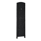 6 Ft Tall Four-Panel Wicker Weave Room Divider, Black Wood Privacy Screen