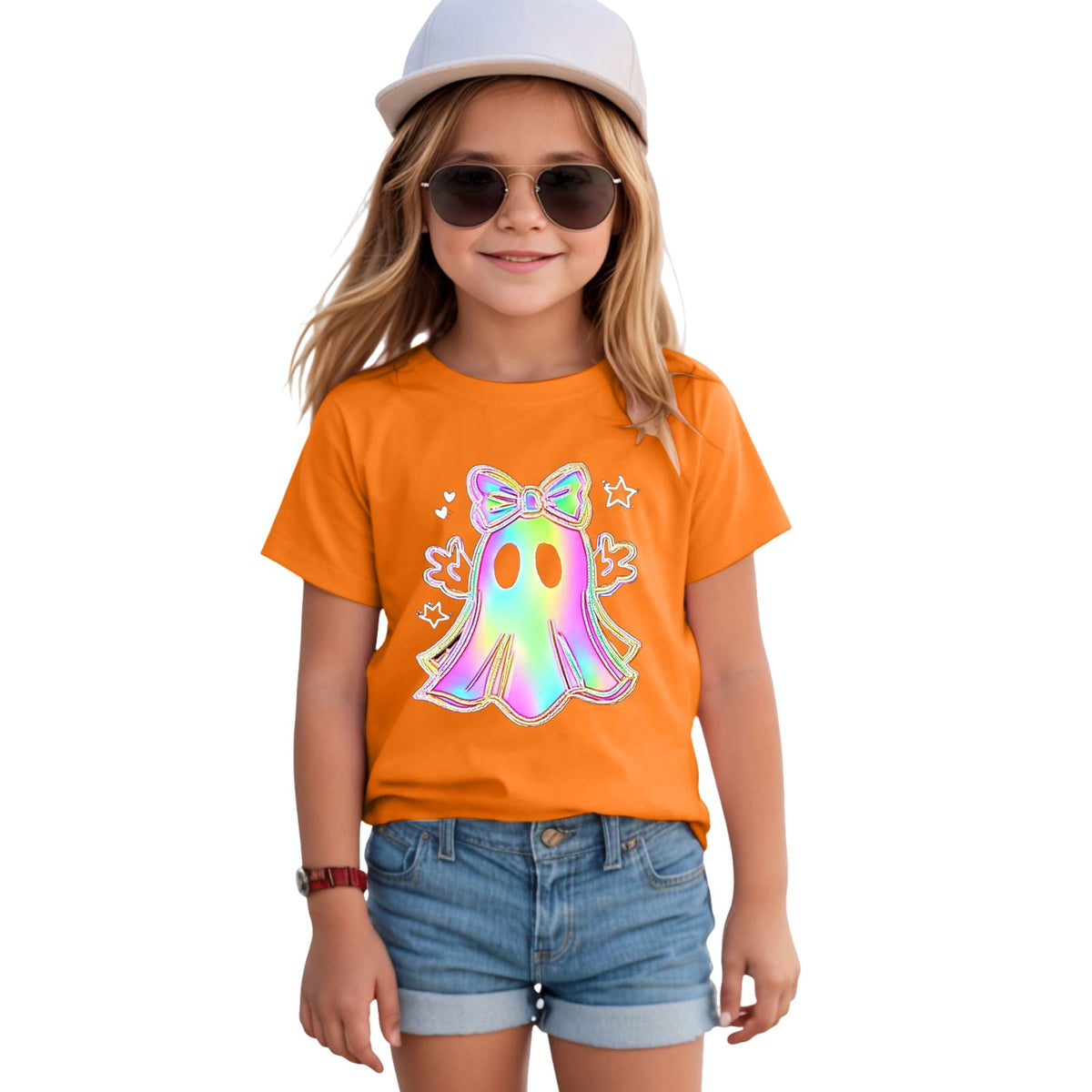 CAUYDY Halloween Ghouls Ghost Retro Girl Kids T-Shirt Graphic Tshirt Little Kids Fall Short Sleeve Tee Tops(Orange, 8-9 Y)