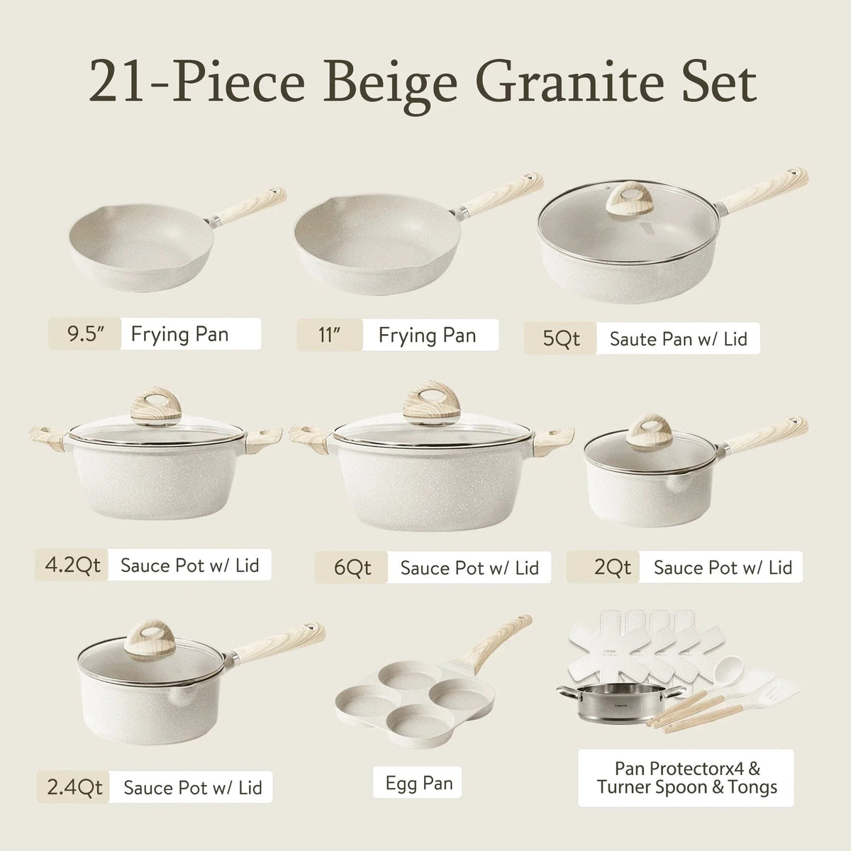 Nonstick Granite Cookware Set, 21 Pcs, Beige
