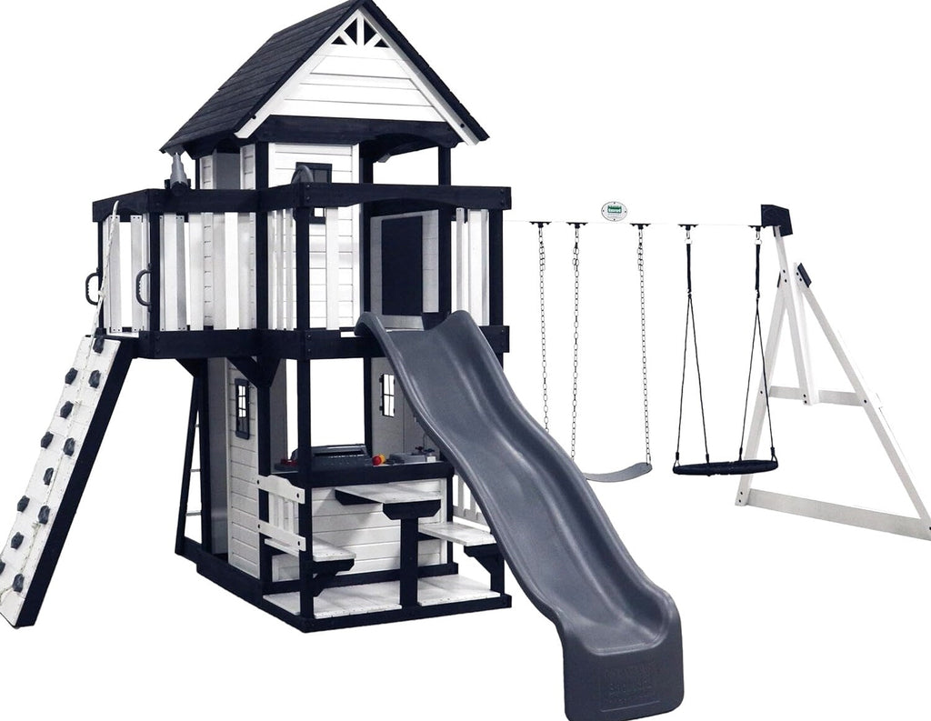 Backyard Discovery Canyon Creek Cedar Wood Swing Set With 8-Foot Wave Slide, Clubhouse And Play Kitchen