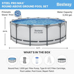 Steel Pro MAX 14 Foot x 48 Inch Round Steel Frame Above Ground Pool Set With 1,000 Filter Pump, Ladder And Cover - Gray
