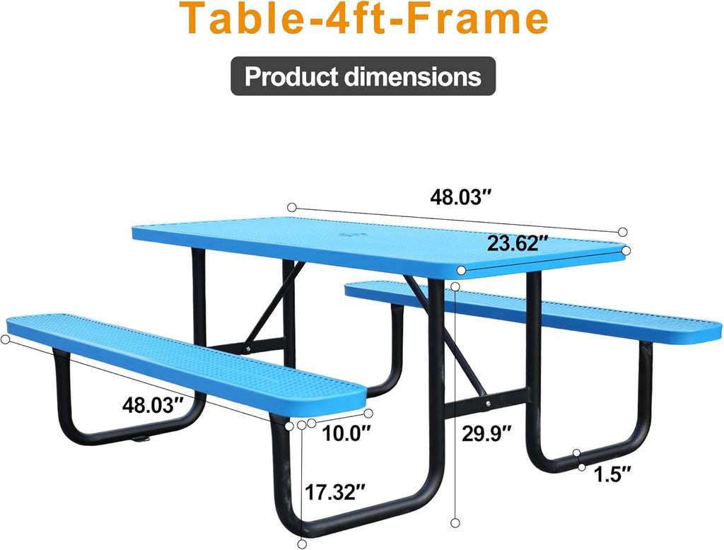 Rectangular Picnic Table, 4ft, Blue, Metal Mesh, Thermoplastic Coated Steel